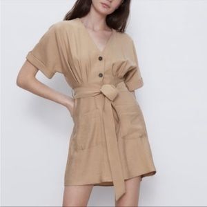 Zara khaki button front tie waist dress